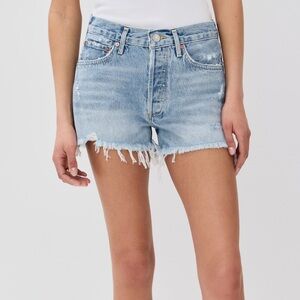 Agolde Light Blue Frayed Hem Parker Vintage Denim Shorts